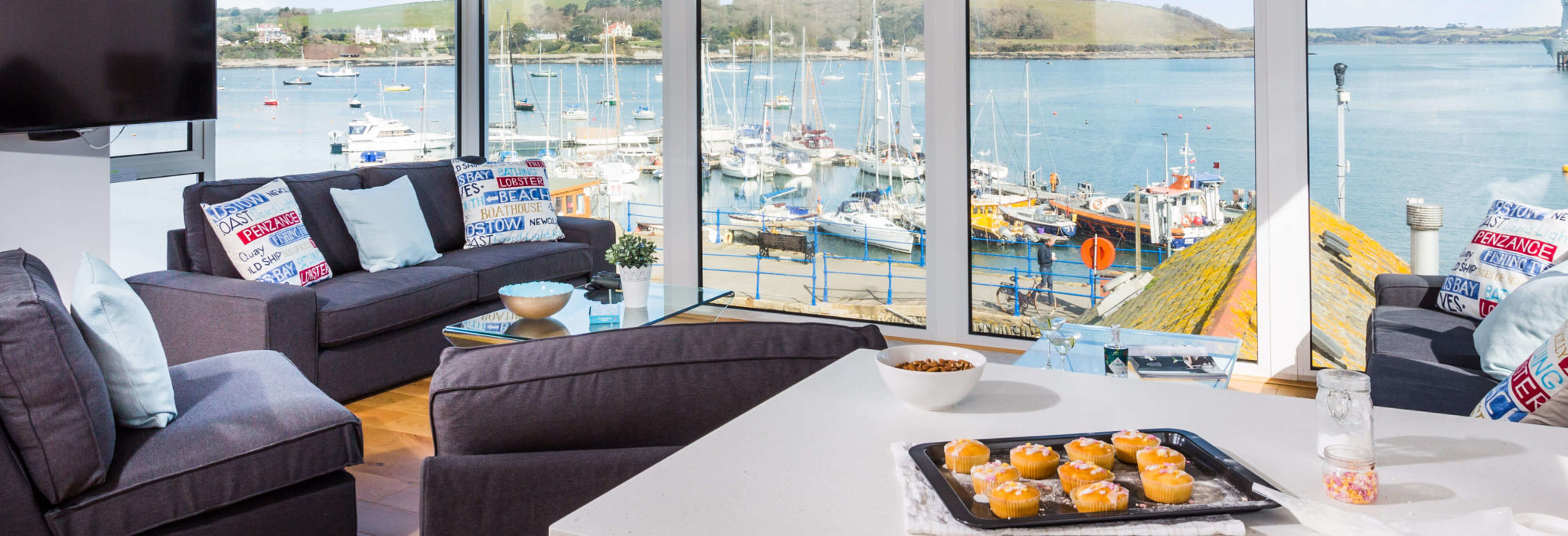 Watch House open plan living room with views of the harbour - Falmouth Holiday Homes | Pawfect Stays